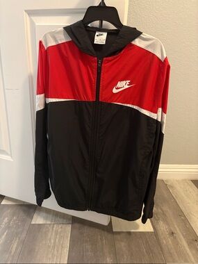 Nike Red, Black & White Colorblock Hooded Windbreaker Jacket